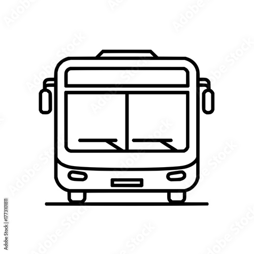 A simple line drawing of a bus viewed from the front with windshield wipers and side mirrors shown clearly