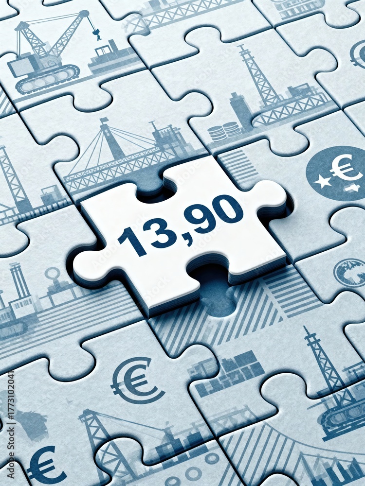 Fototapeta premium A significant white puzzle piece marked 13,90, likely representing the 2026 minimum wage, fits into a larger economic and industrial landscape.