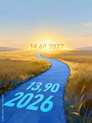 Future Minimum Wage Targets Depicted on a Winding Road, with 13.90 for 2026 and 14.60 for 2027 as Shining Goals.