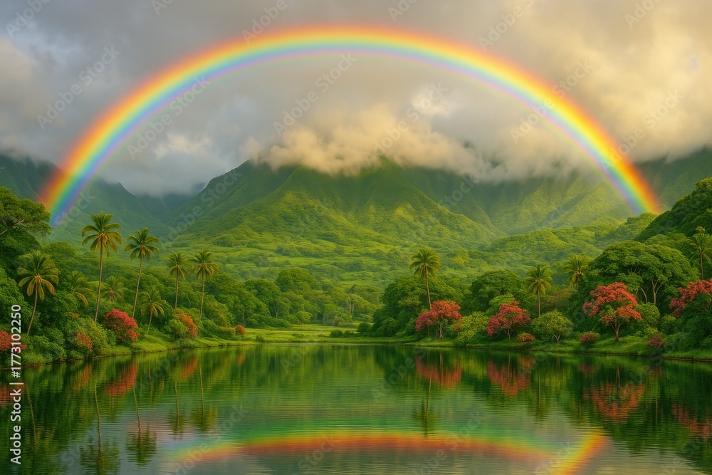 Naklejka premium Vivid rainbow arcing above lush tropical valley and lake under misty Hawaiian light