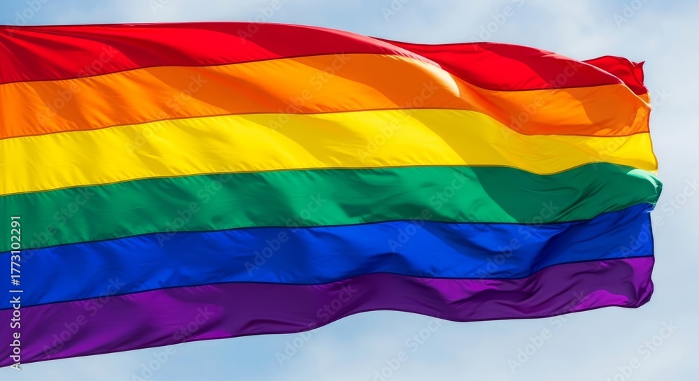 Obraz premium Vibrant rainbow flag waving in blue sky celebrating lgbtq pride