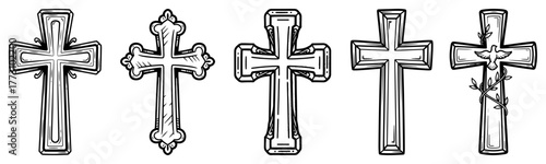 Hand-Drawn Christian Crosses Set — Vintage Monochrome Vector Illustrations