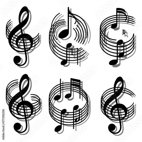 Music notes vector illustration background with treble and melody elements