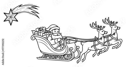 Santa Claus flying in sleigh with reindeer Christmas vector line art