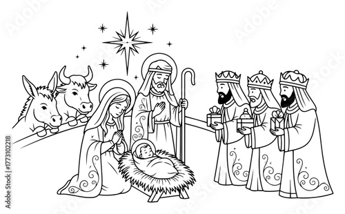 Christmas Nativity Scene with Holy Family and Three Wise Men vector illustration
