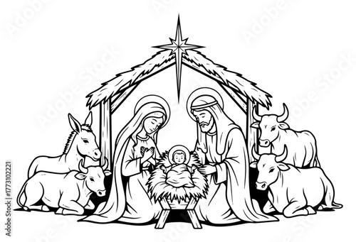 Christmas Nativity Scene with Holy Family in a stable. Baby Jesus in a manger with Mary and Joseph and animals. Christian religious vector line art illustration.