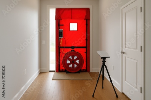 Energy efficiency air leakage test with red blower door in modern home hallway
