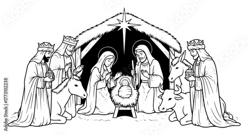Christmas Nativity Scene with the Adoration of the Three Wise Men. Holy Family with baby Jesus in a manger and the Magi. Christian religious vector illustration.