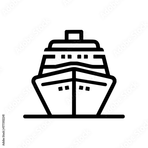 Front view of a cruise ship icon with multiple decks and a visible base line in black and white style