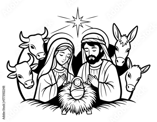 Nativity Scene close up portrait of the Holy Family. Baby Jesus in a manger with Mary Joseph and animals. Christian Christmas vector line art illustration.
