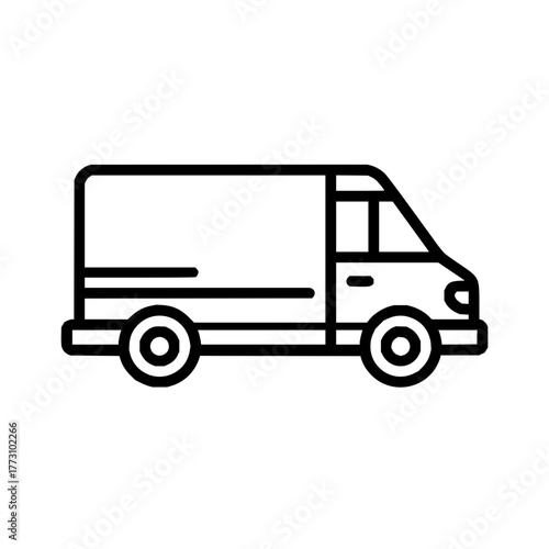 Illustration of a delivery van with a boxy cargo area and simple line art design in black and white style