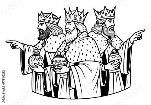 Three Wise Men Magi from Nativity story Christmas vector line art