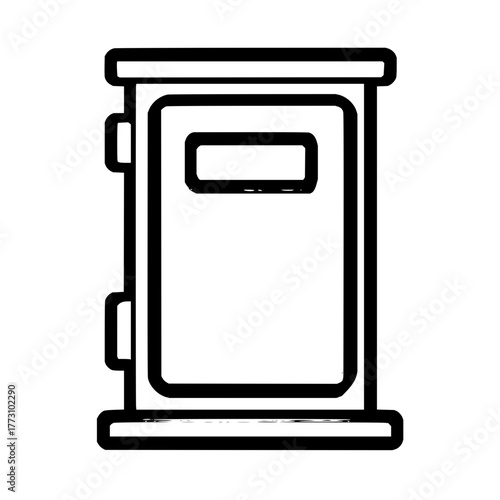 Illustration of a black and white electrical box with a rectangular window and side attachments shown