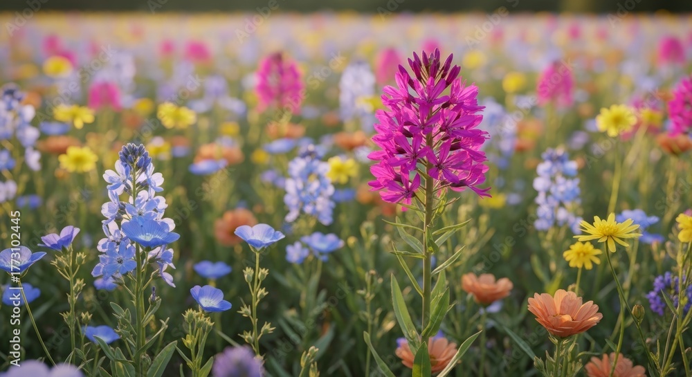 Naklejka premium Vibrant wildflower field in full bloom under clear sky
