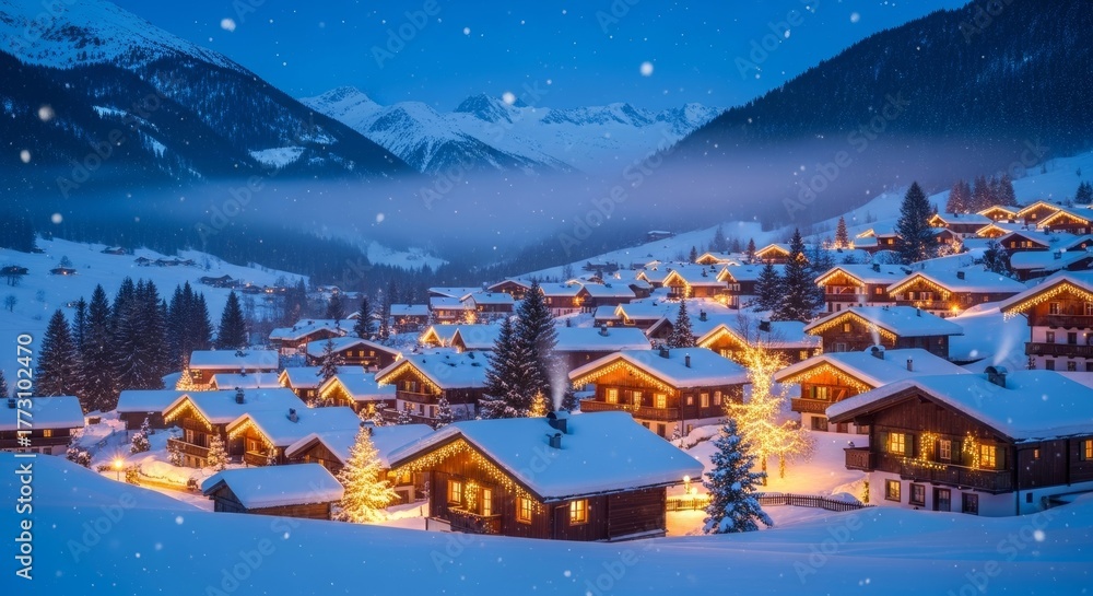 Obraz premium Snowy alpine village at night with illuminated chalets and snowfall in winter landscape