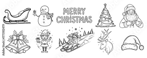 Merry Christmas Doodle Icon Set Santa Sleigh Snowman Tree Reindeer Elf and Holiday Elements Line Art Vector