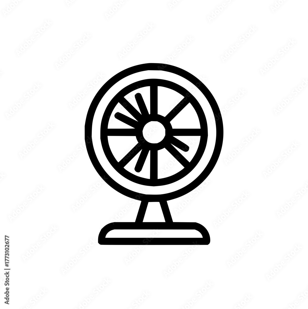 Obraz premium Illustration of a small black outline fan with a round base and multiple blades inside a circle