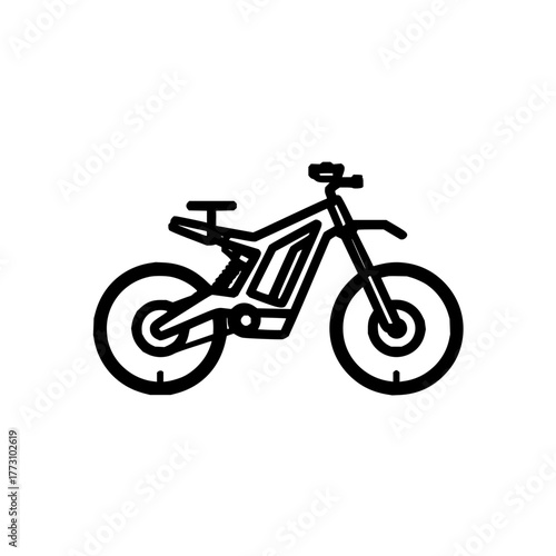 A simple line drawing of an electric dirt bike with visible battery pack and suspension system design element