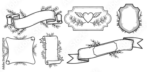 Set of hand drawn vintage banners ribbons and frames. Doodle collection of decorative floral elements with scrolls shields and heart. Vector line art.