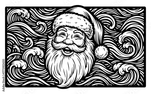 Happy Santa Claus portrait in a detailed vintage woodcut style. Christmas character with abstract swirl pattern background. Vector illustration.