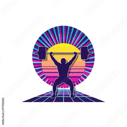 Retro vector weightlifter silhouette with barbell on transparent background