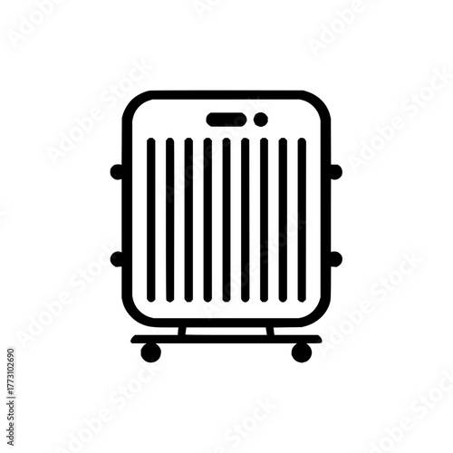 Illustration of a black suitcase with wheels and vertical lines on a white background design icon