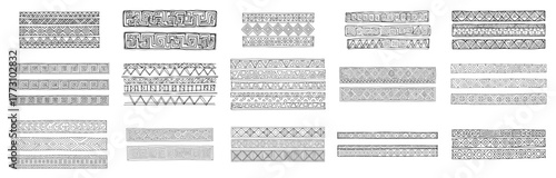 Set of hand drawn ethnic African patterns. Collection of tribal borders and seamless ornaments. Vector doodle illustration.