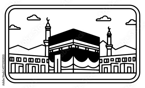 Kaaba in Mecca Saudi Arabia. The holy place of Islam. Masjid Al Haram mosque. Vector line art icon.