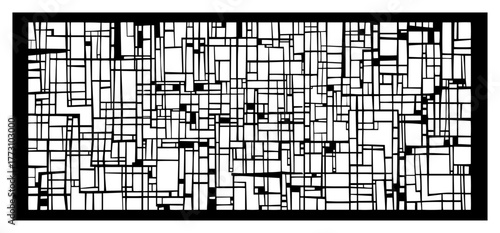 Abstract geometric panel for laser cutting. Modern decorative screen with chaotic lines and rectangles. Vector background.
