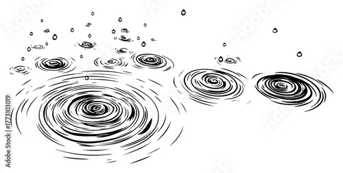 Rain Drops on Water with Ripples Hand Drawn Sketch Vector Illustration