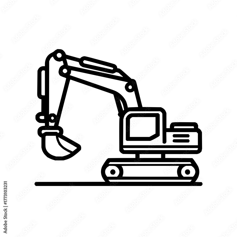 Naklejka premium Illustration of a construction excavator with a bucket and treads in black outline on a white background