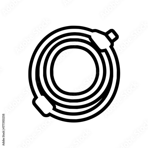Illustration of a coiled black garden hose neatly arranged in a circular pattern on a white background