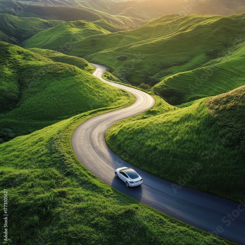 A white car is driving down a winding road in a grassy area
