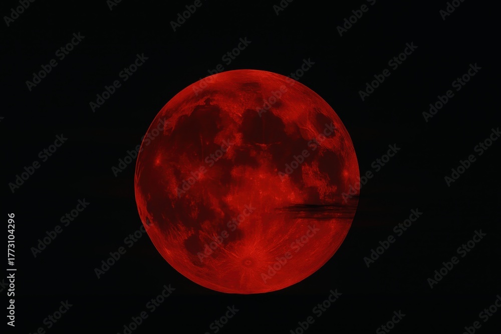 Fototapeta premium Dramatic blood red full moon rising above horizon with wisps of night clouds in dark sky