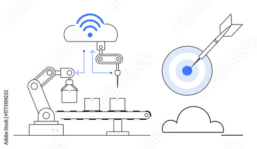 Robotic arm transferring boxes on a conveyor with cloud connection and dart hitting target. Ideal for automation, technology, efficiency, manufacturing, IoT, innovation, and cloud connectivity