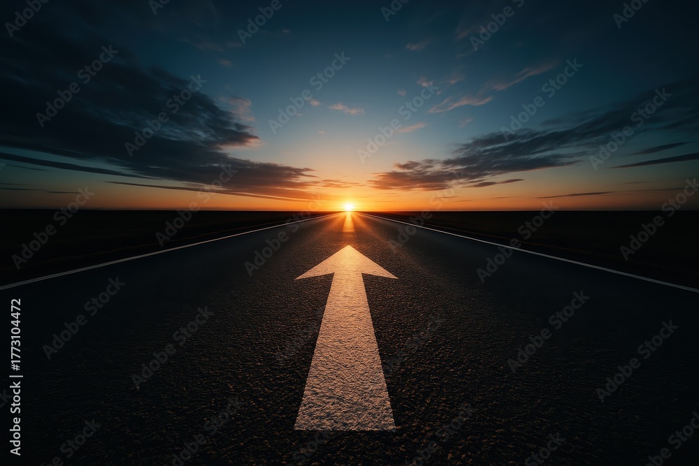 Naklejka premium Open highway with bold arrow leading to glowing horizon symbol of focus and goals