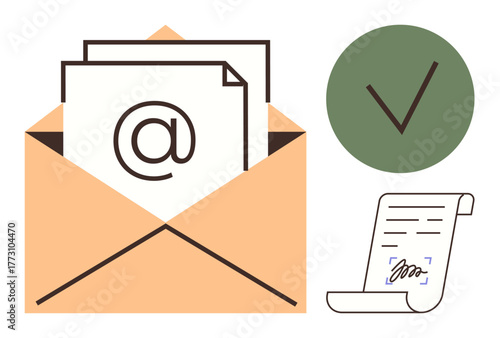Letter envelope containing document with email symbol, green checkmark for approval, and signed contract scroll. Ideal for messaging, approvals, communication, documents, email, validation