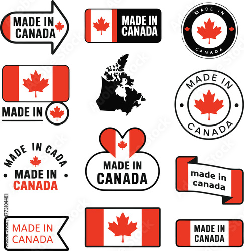 Made in Canada badges and labels icon set with maple leaf and Canadian flag. Vector product origin, export quality, and manufacturing symbols for packaging and branding design.