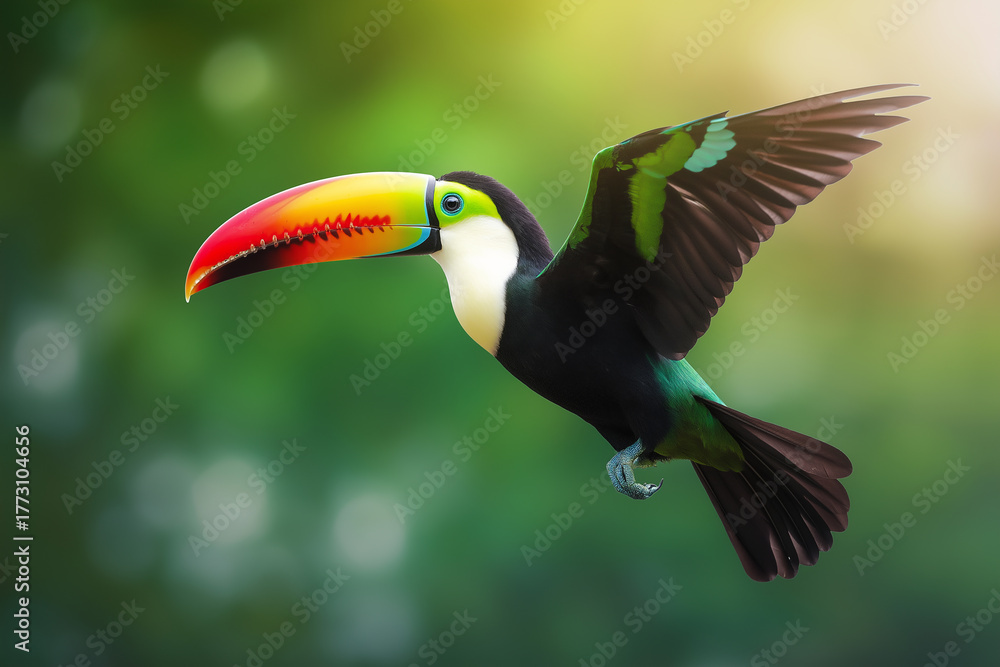 Fototapeta premium Vibrant Keel-billed Toucan with its Iconic Colorful Beak in Flight Against a Soft, Bokeh Tropical Green Background. Excellent for wildlife conservation, travel, exotic brand mascots