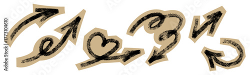 Set of grunge brush stroke scrapbook arrows in cutout collage style. Hand drawn black crayon and chalk texture on beige paper background. Vintage craft zine aesthetic. Vector illustration isolated