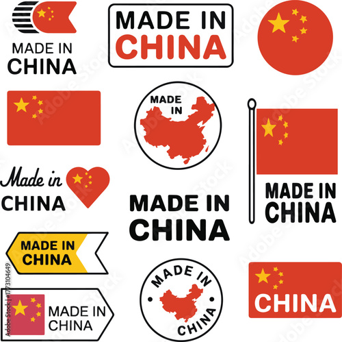 Made in China label collection with map, heart, and flag shapes. Vector export quality and manufacturing badges for packaging, product branding, and trade design projects.