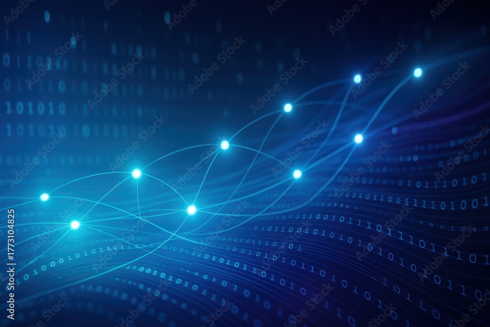 Obraz premium Flowing data network with luminous nodes binary streams and abstract AI waves background