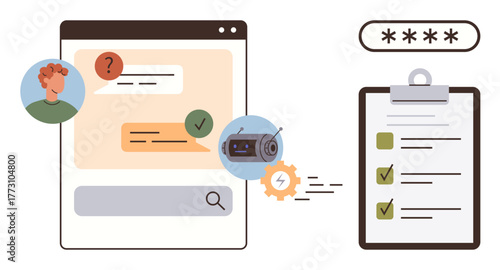 Chat interface with user queries, automated responses by AI, and confirmation sent to a checklist. Ideal for online assistance, customer service, AI, automation, cybersecurity, verification simple