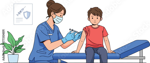 A healthcare professional administering a vaccination to a young boy in a medical setting.
