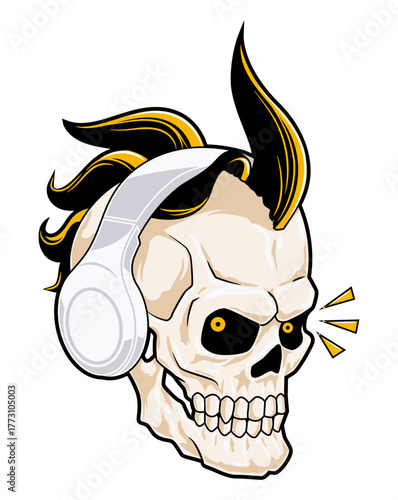 Rocker Skull with Headphone: A stylized illustration of a skull rocking out, complete with a punk-rock hairstyle and headphones, embodying the fusion of music, edge, and mortality.