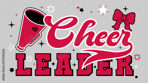 Cheerleader Vector Illustration. Red and Black Cheerleading Megaphone and Bow Illustration.