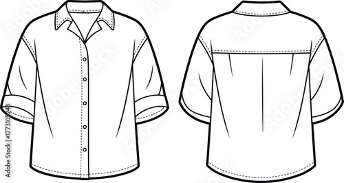 Elbow sleeve button down shirt front and back view, collared neckline with placket and pleats, men’s garment fashion template, cad drawing flat vector illustration