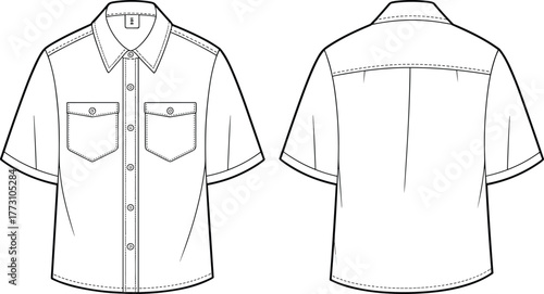 Short sleeve button up shirt front and back view, collar with chest pockets and placket, men’s garment fashion template, cad drawing flat vector illustration