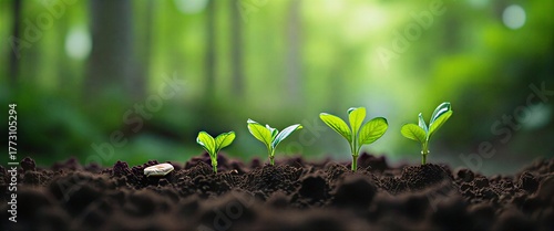 A close-up shot of a small plant growing out of a bed of dark brown soil in the foreground.