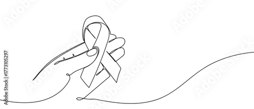 Hands holding one continuous mourning ribbon. outline isolated vector illustration Editable stroke.